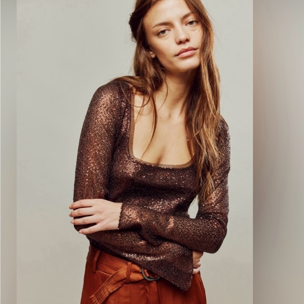Free People sequin long sleeve hot fudge Late Night Disco Top Large - NWT